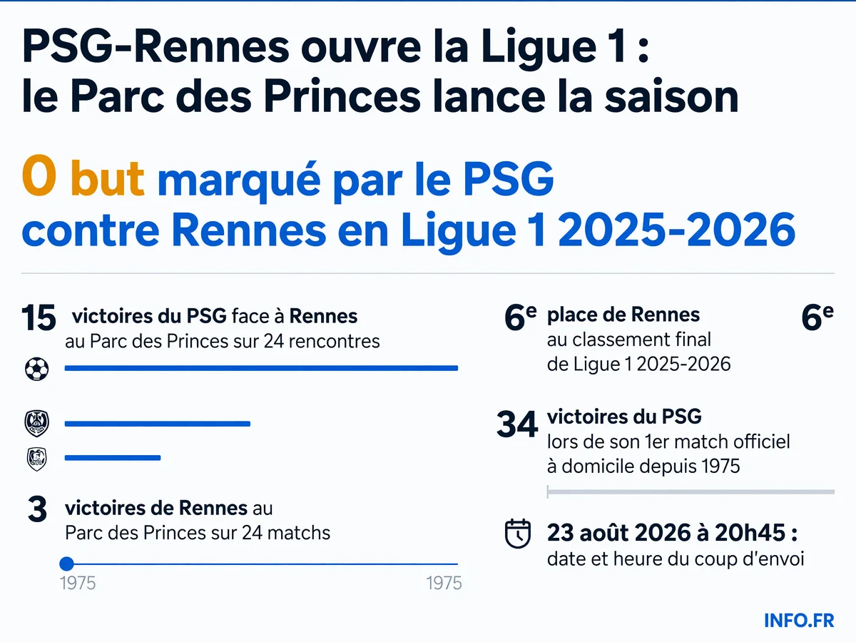 Statistiques clés du duel PSG-Rennes et du match inaugural de la Ligue 1 2026-2027 au Parc des Princes.