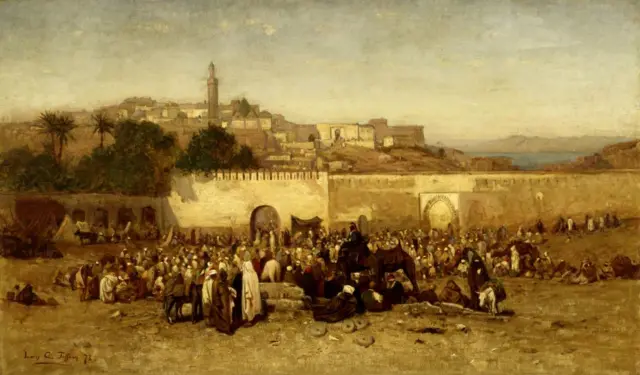 Scène d'un marché traditionnel à Tanger au XIXe siècle, illustrant les échanges commerciaux précoces entre les deux pays